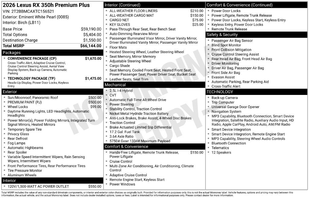 New 2026 Lexus RX 350 w/ Convenience Package AWD/4WD image 4