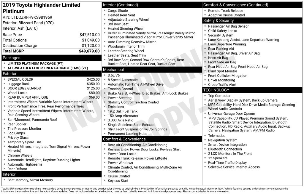 Certified 2019 Toyota Highlander Limited Platinum AWD/4WD image 36