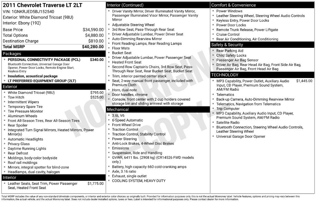 Used 2011 Chevrolet Traverse LT w/ Personal Connectivity Package FWD image 7