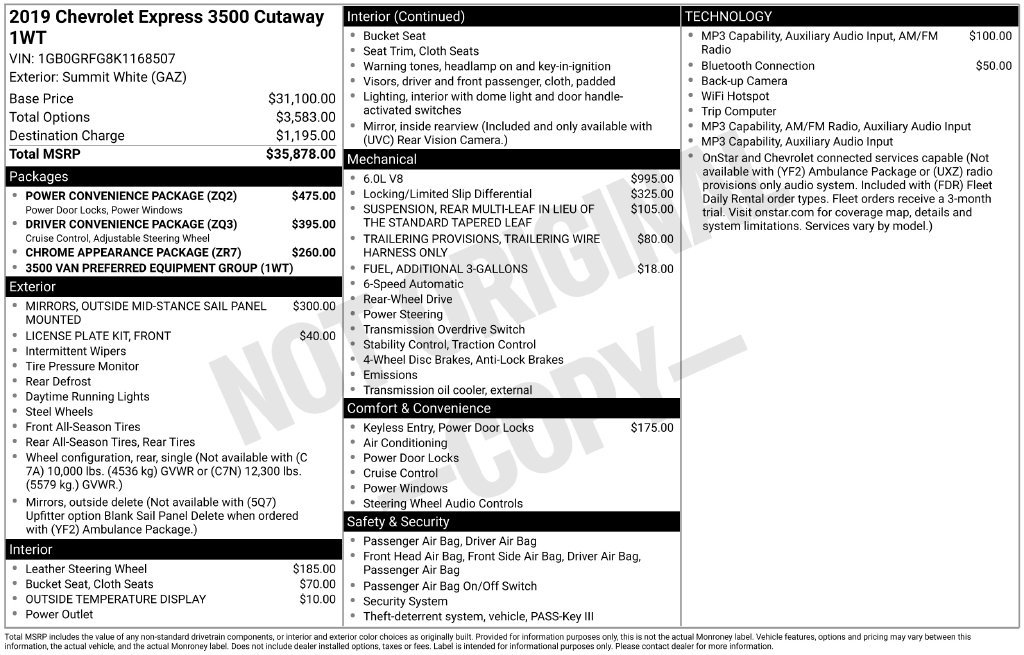 Used 2019 Chevrolet Express 3500 w/ Power Convenience Package RWD image 1