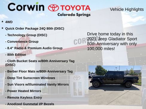 Used 2021 Jeep Gladiator Sport w/ Quick Order Package 24Q 80Th AWD/4WD image 7