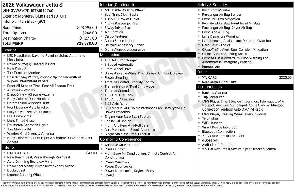 Used 2026 Volkswagen Jetta S FWD image 1