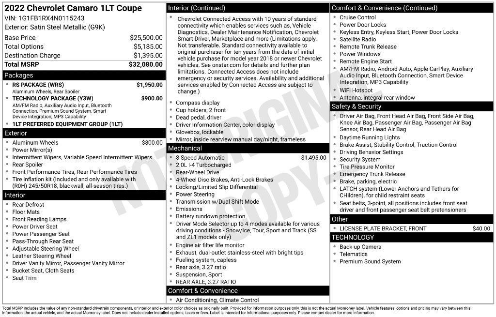 Used 2022 Chevrolet Camaro LT w/ RS Package RWD image 6