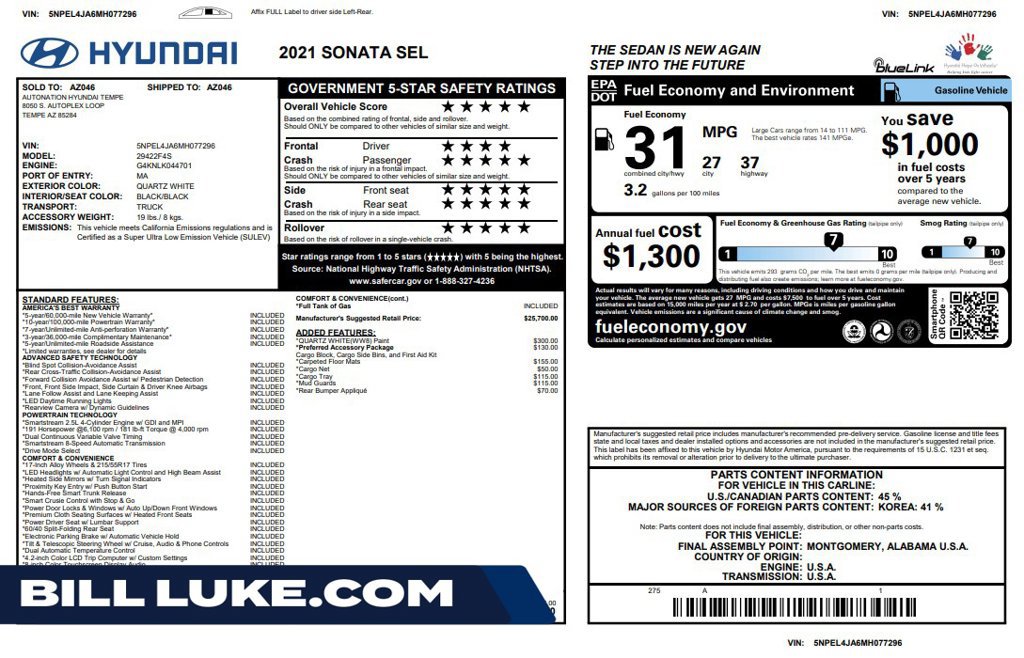 Used 2021 Hyundai Sonata SEL w/ Preferred Accessory Package FWD image 1
