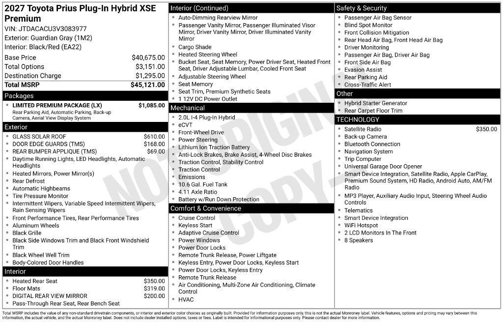 New 2027 Toyota Prius Plug-In Hybrid w/ Limited Premium Package FWD image 37