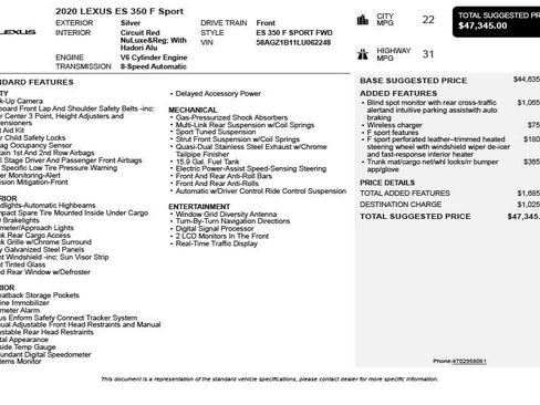 Used 2020 Lexus ES 350 F Sport w/ Accessory Package 2 image 3