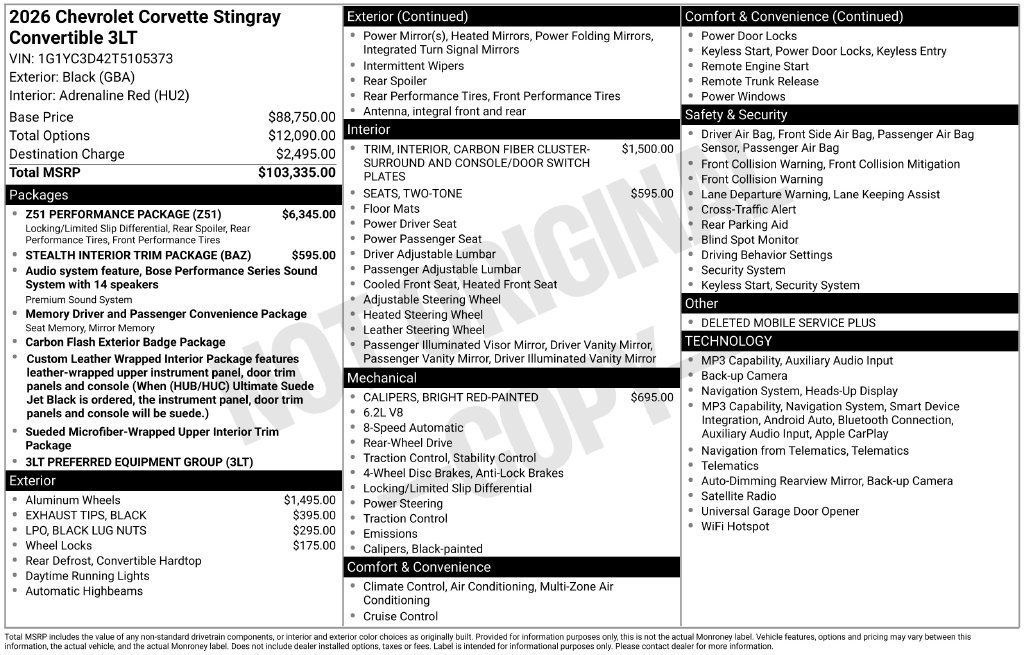 Used 2026 Chevrolet Corvette Stingray Premium Conv w/ Z51 Performance Package RWD image 6