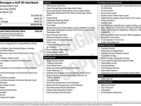 Used 2019 Volkswagen e-Golf SE w/ Driver Assistance Package FWD image 3