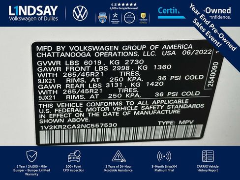 Certified 2022 Volkswagen Atlas SE w/ Panoramic Sunroof Package image 29