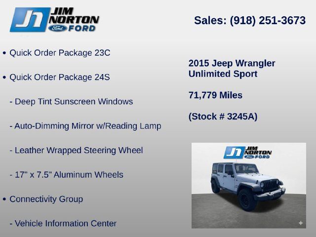 Used 2015 Jeep Wrangler Unlimited Sport w/ Quick Order Package 24S AWD/4WD image 8