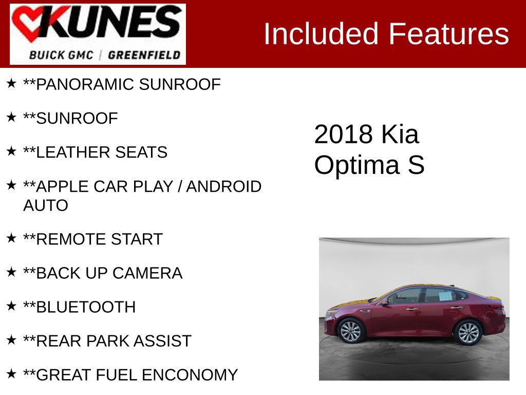 Used 2018 Kia Optima S w/ Panoramic Sunroof Package FWD image 2
