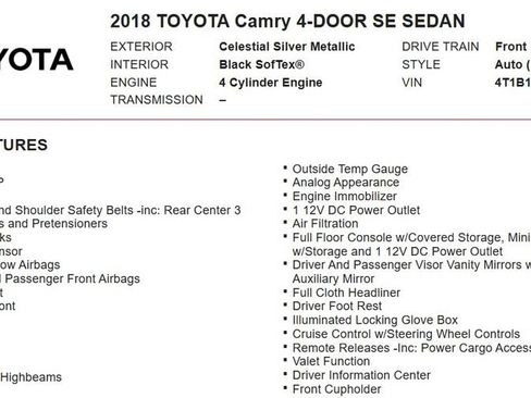 Used 2018 Toyota Camry SE w/ Audio Package FWD image 17
