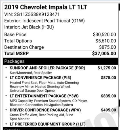 Used 2019 Chevrolet Impala LT w/ Sunroof and Spoiler Package FWD image 2