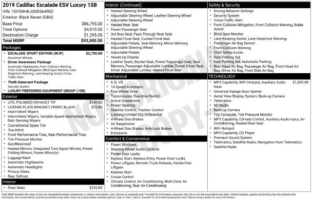 Certified 2019 Cadillac Escalade ESV Luxury w/ Escalade Sport Edition AWD/4WD image 16