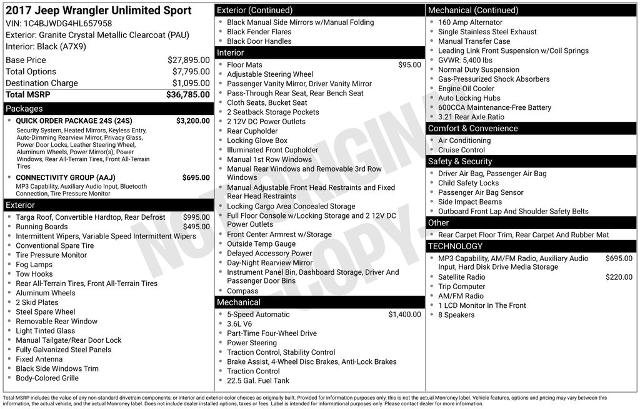 Used 2017 Jeep Wrangler Unlimited Sport w/ Quick Order Package 24S AWD/4WD image 5