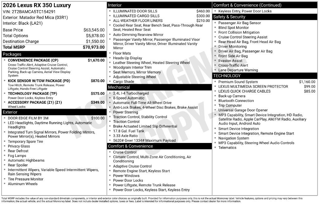 New 2026 Lexus RX 350 AWD w/ Convenience Package image 4