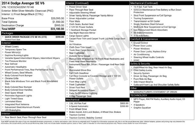 Used 2014 Dodge Avenger SE w/ Quick Order Package 27Z SE V6 FWD image 24