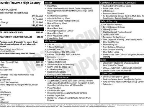 Used 2019 Chevrolet Traverse High Country w/ LPO, Floor Liner Package AWD/4WD image 2