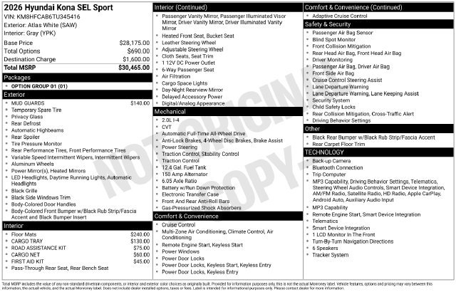Certified 2026 Hyundai Kona SEL Sport AWD/4WD image 4