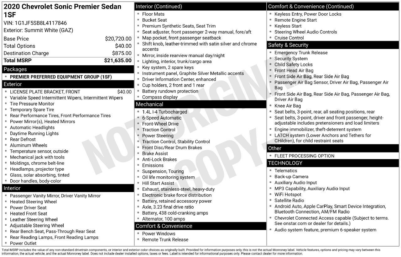 Used 2020 Chevrolet Sonic Premier FWD image 3
