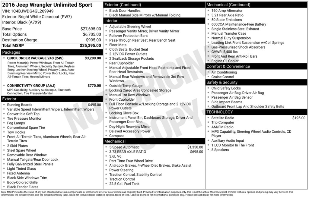 Used 2016 Jeep Wrangler Unlimited Sport w/ Quick Order Package 24S AWD/4WD image 6
