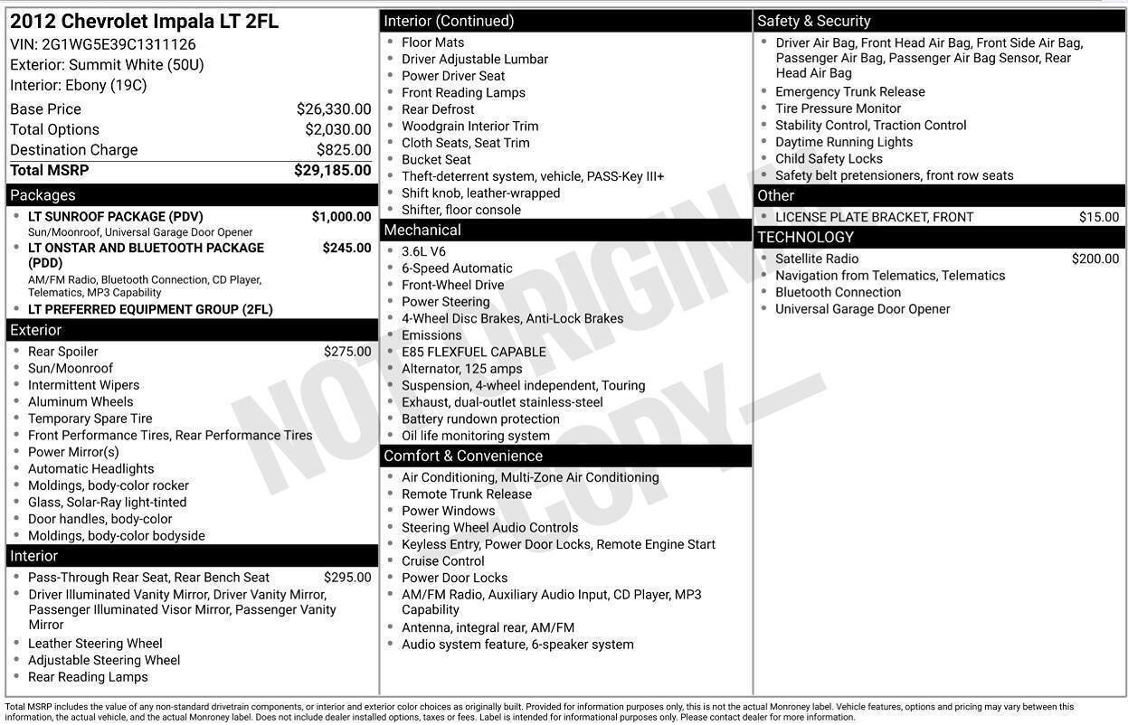 Used 2012 Chevrolet Impala LT w/ LT Sunroof Package FWD image 3