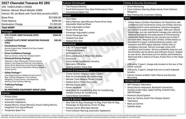 New 2027 Chevrolet Traverse RS w/ LPO, Floor Liner Package AWD/4WD image 25