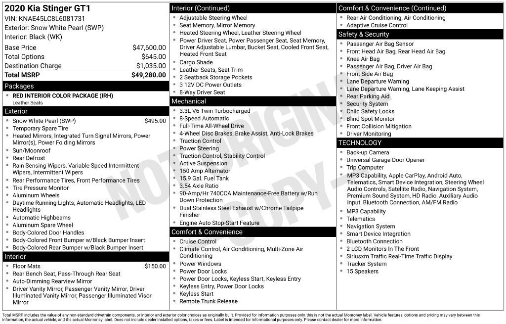 Used 2020 Kia Stinger GT1 AWD/4WD image 1