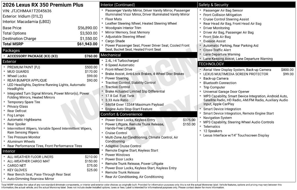 New 2026 Lexus RX 350 Premium Plus w/ Accessory Package (K3) FWD image 4