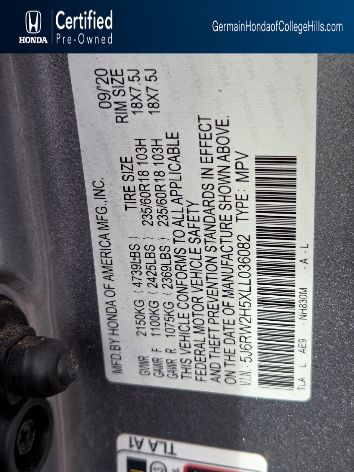 Certified 2020 Honda CR-V EX image 29