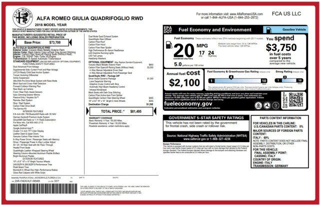 Used 2018 Alfa Romeo Giulia Quadrifoglio w/ Driver Assist Dynamic Package RWD image 12