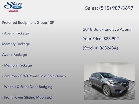 Used 2018 Buick Enclave Avenir w/ LPO, Cargo Package FWD image 8