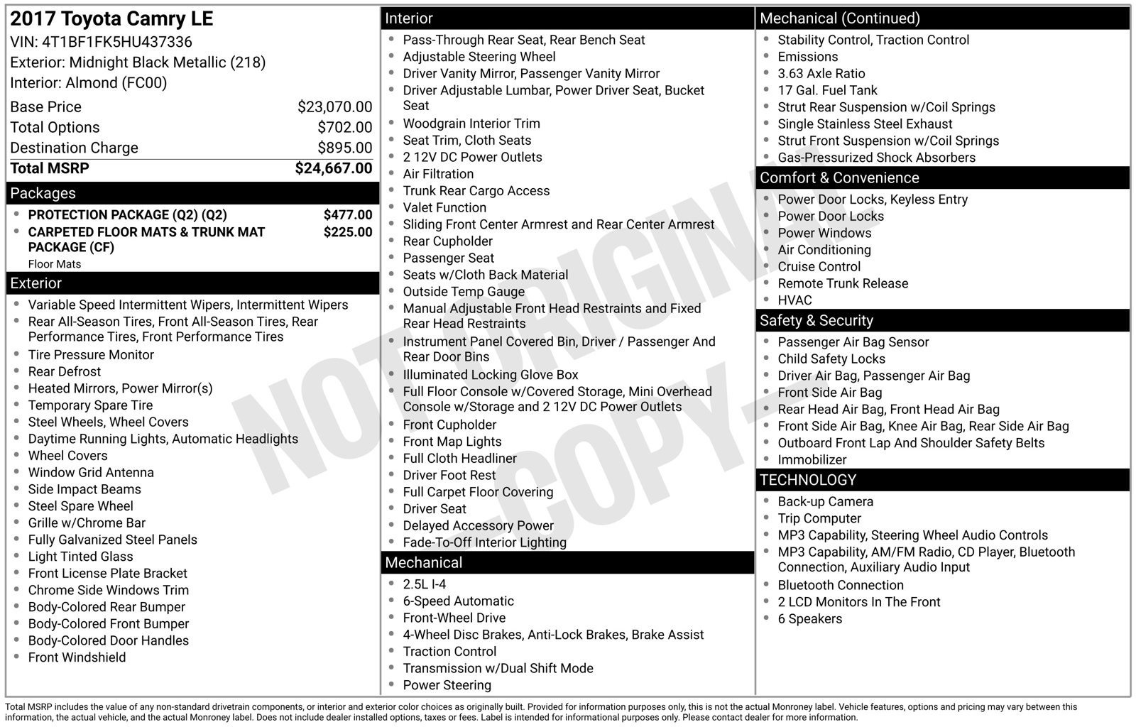 Used 2017 Toyota Camry LE w/ Protection Package (Q2) FWD image 13