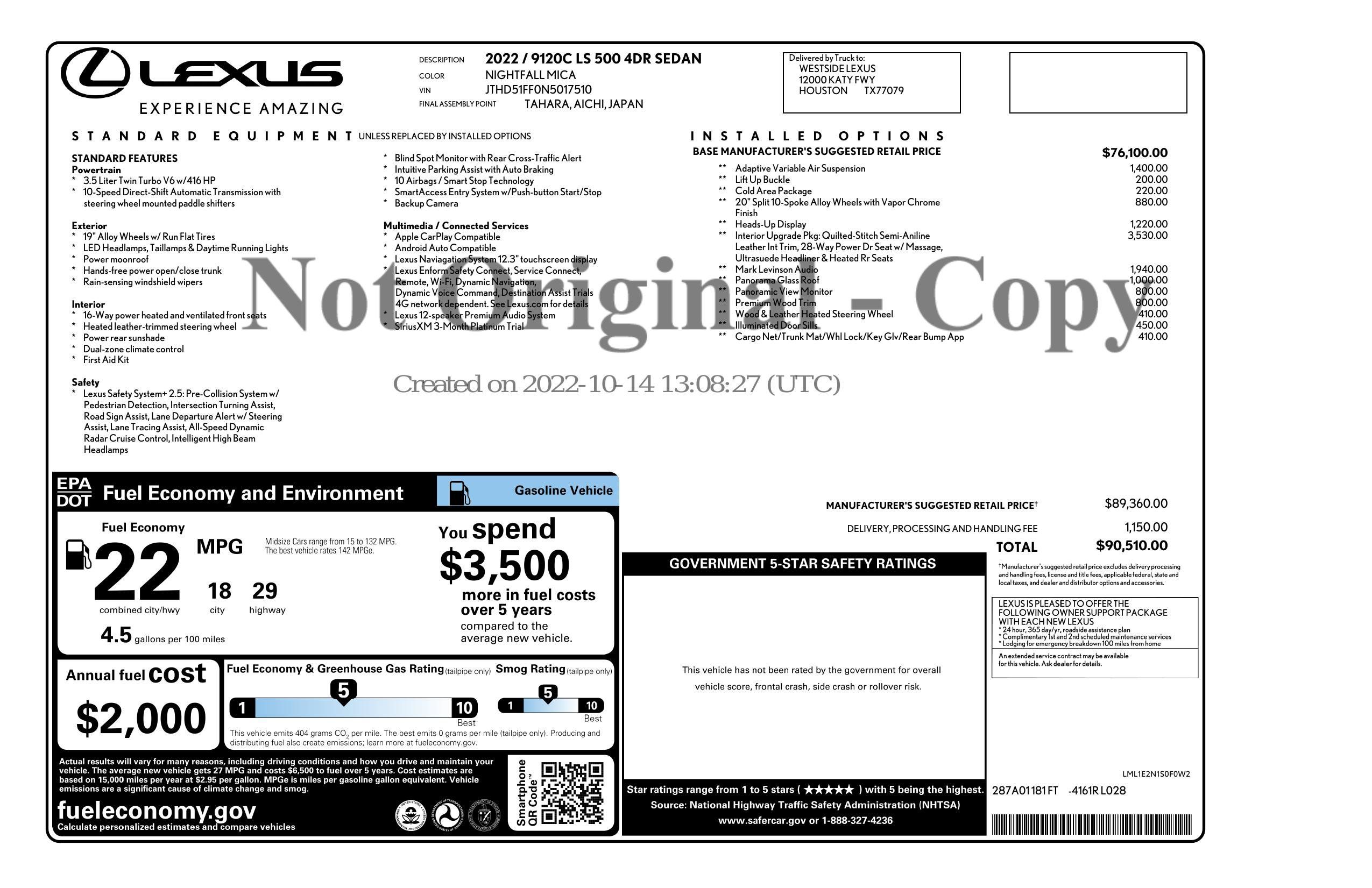 Used 2022 Lexus LS 500 w/ Interior Upgrade Package RWD image 3