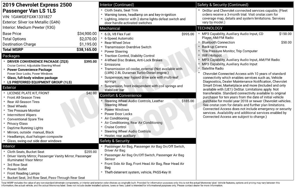 Used 2019 Chevrolet Express 2500 LS w/ Driver Convenience Package RWD image 1