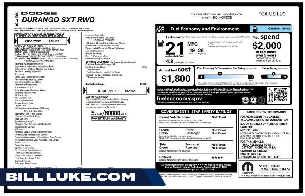 Used 2019 Dodge Durango SXT w/ 3rd Row Seating Group RWD image 1