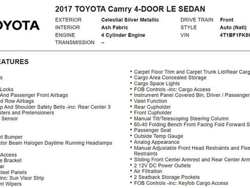 Used 2017 Toyota Camry LE FWD image 16