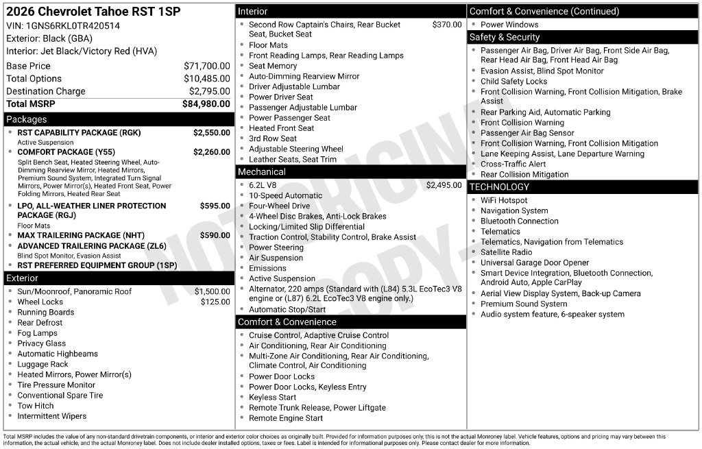 New 2026 Chevrolet Tahoe RST w/ RST Capability Package AWD/4WD image 2