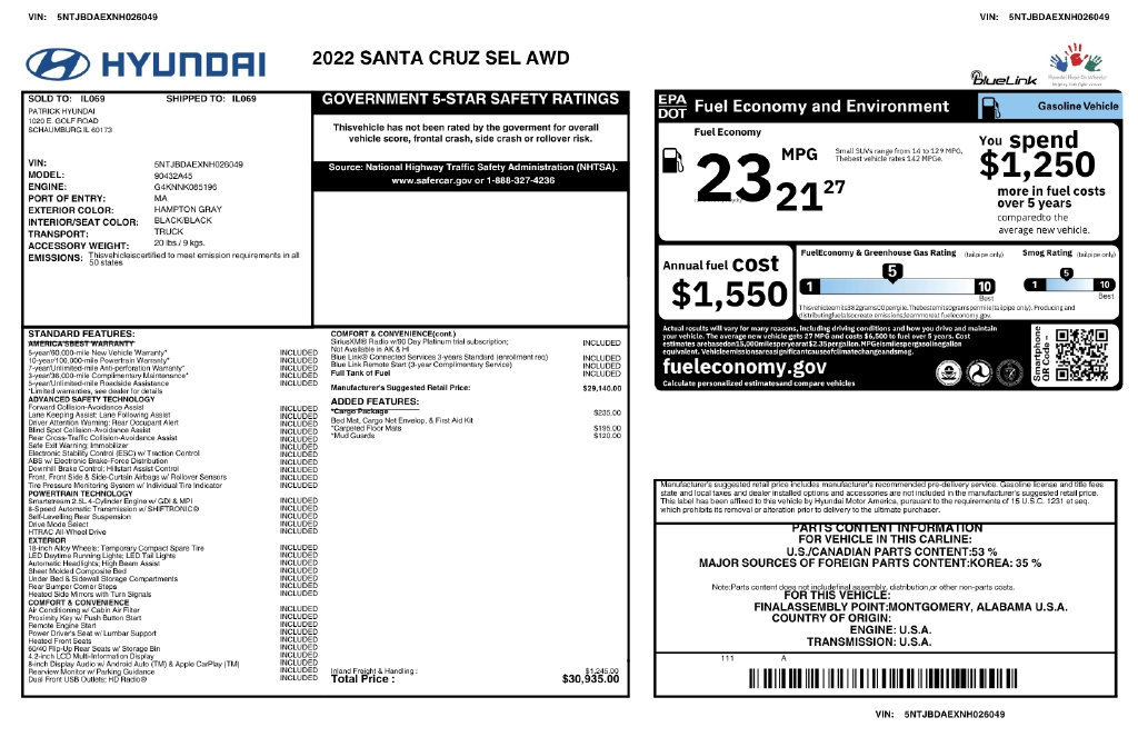 Used 2022 Hyundai Santa Cruz SEL w/ Cargo Package AWD/4WD image 11