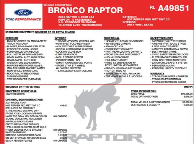Used 2024 Ford Bronco Raptor w/ Interior Carbon Fiber Pack 6 AWD/4WD image 2