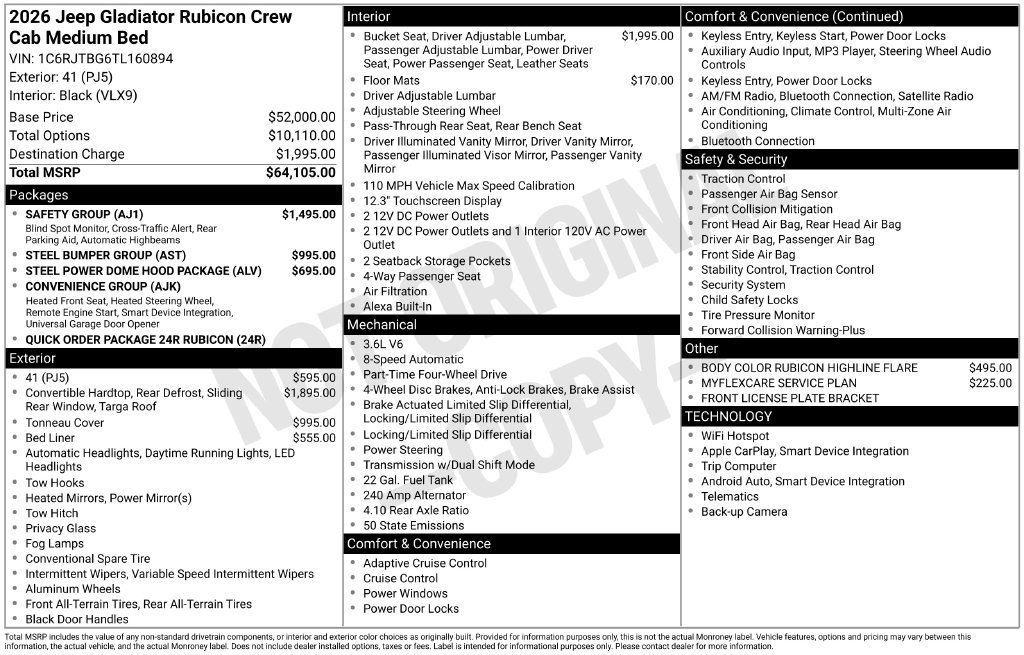 New 2026 Jeep Gladiator Rubicon w/ Safety Group AWD/4WD image 6