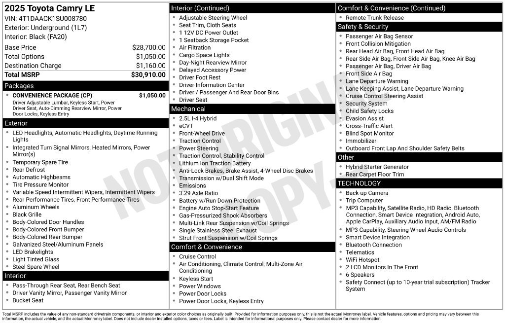 Used 2025 Toyota Camry LE w/ Convenience Package FWD image 6
