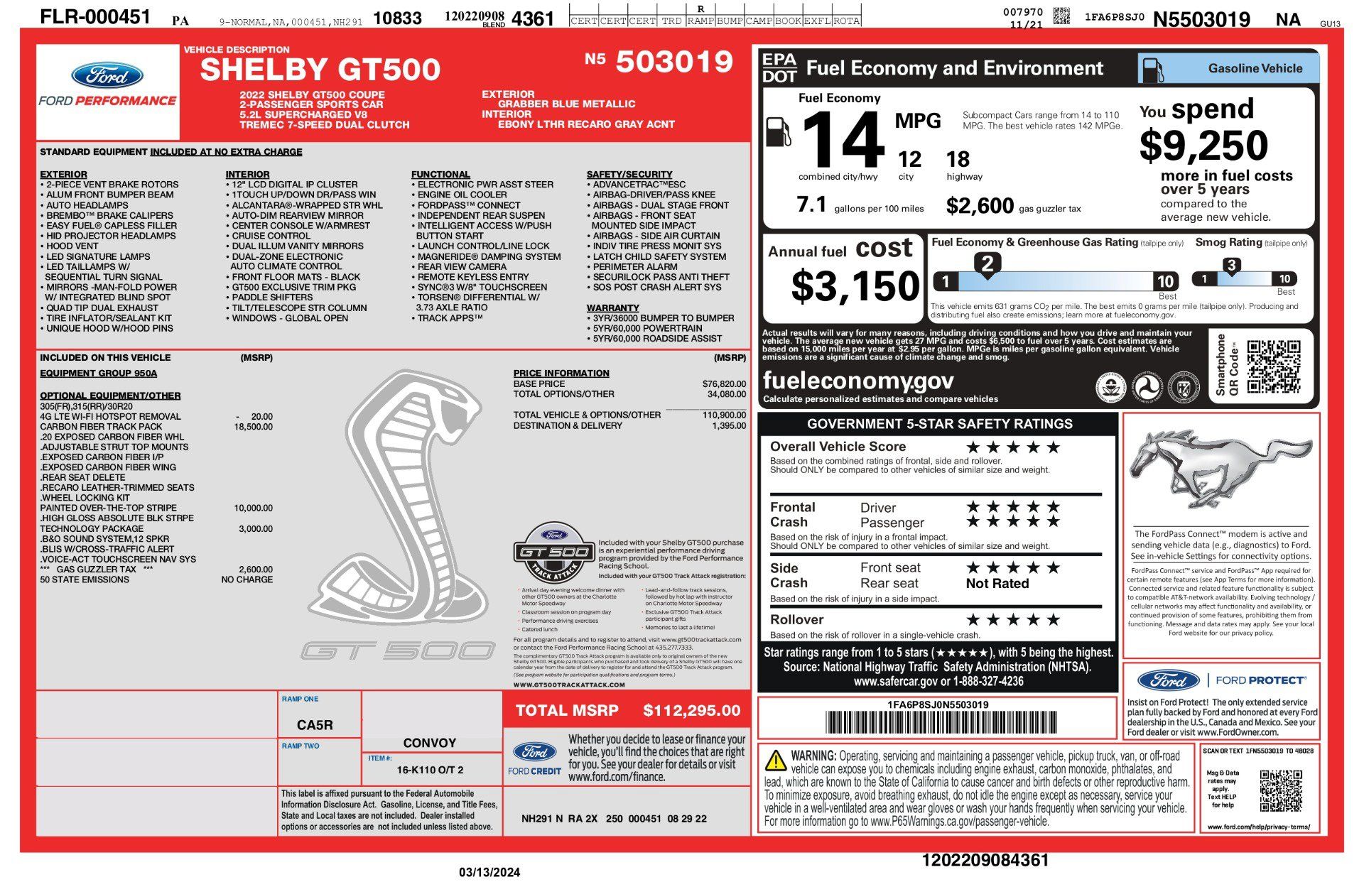 Used 2022 Ford Mustang Shelby GT500 w/ Carbon Fiber Track Pack RWD image 3
