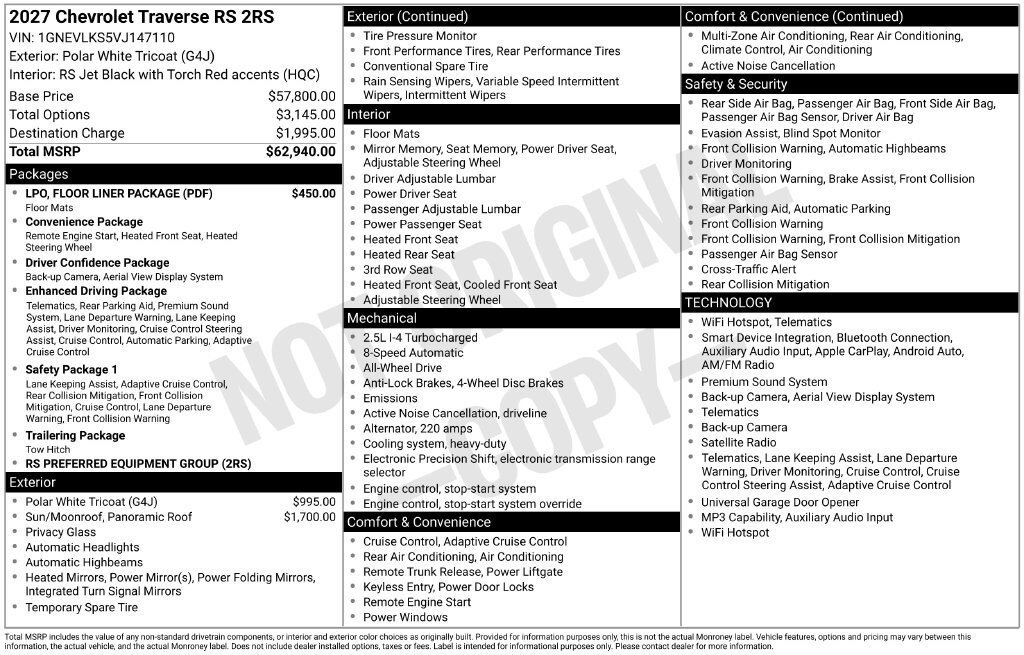 New 2027 Chevrolet Traverse RS w/ LPO, Floor Liner Package AWD/4WD image 4
