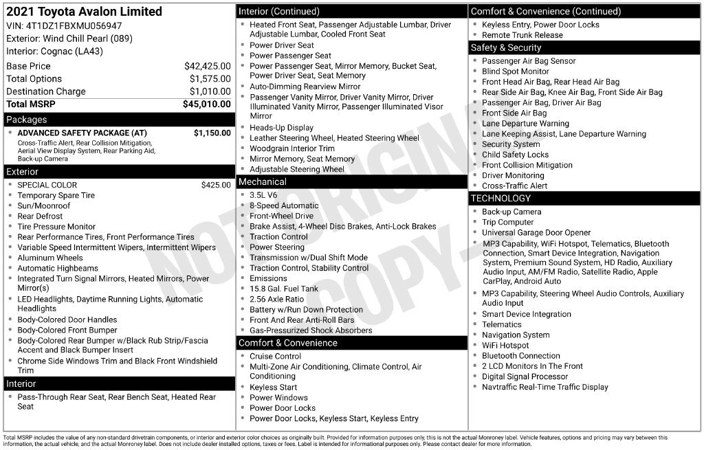 Used 2021 Toyota Avalon Limited w/ Advanced Safety Package FWD image 38