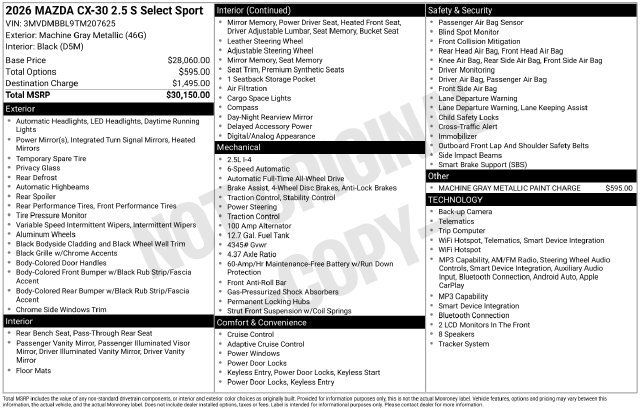 Certified 2026 MAZDA CX-30 AWD 2.5 S w/ Select Sport Pkg image 34