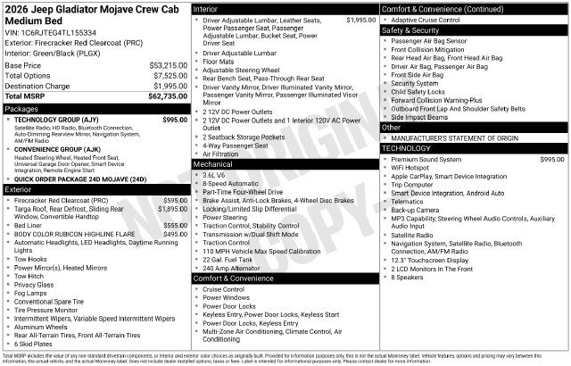 New 2026 Jeep Gladiator Mojave w/ Technology Group AWD/4WD image 7