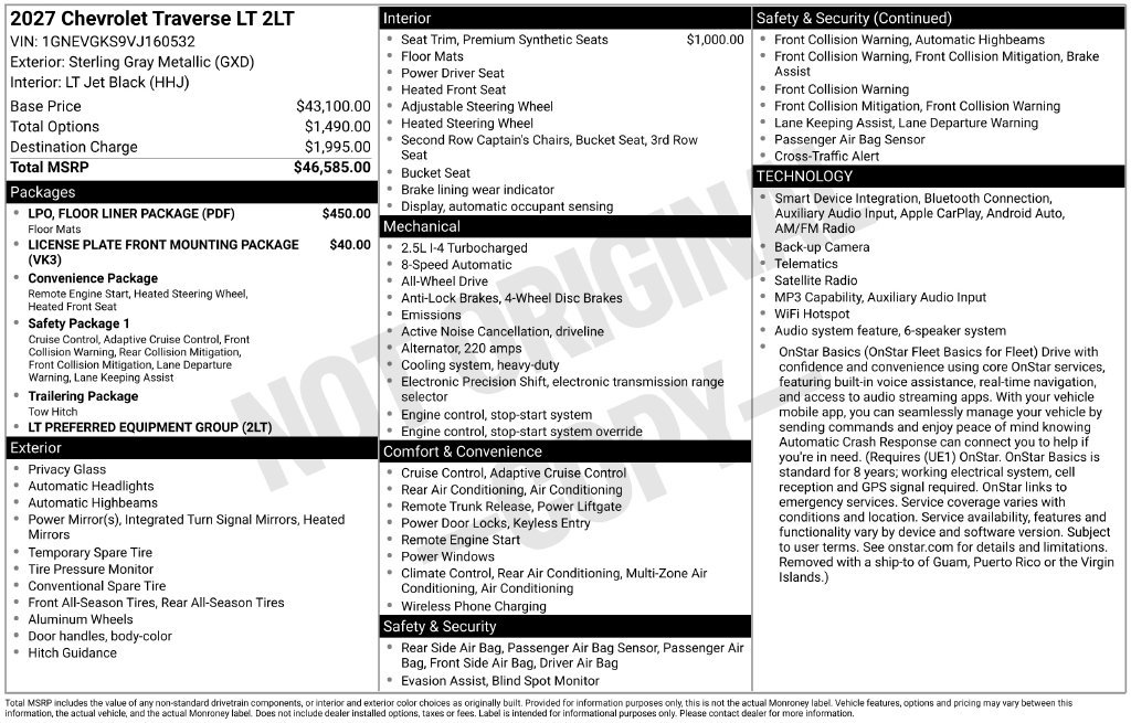 New 2027 Chevrolet Traverse LT w/ LPO, Floor Liner Package AWD/4WD image 27