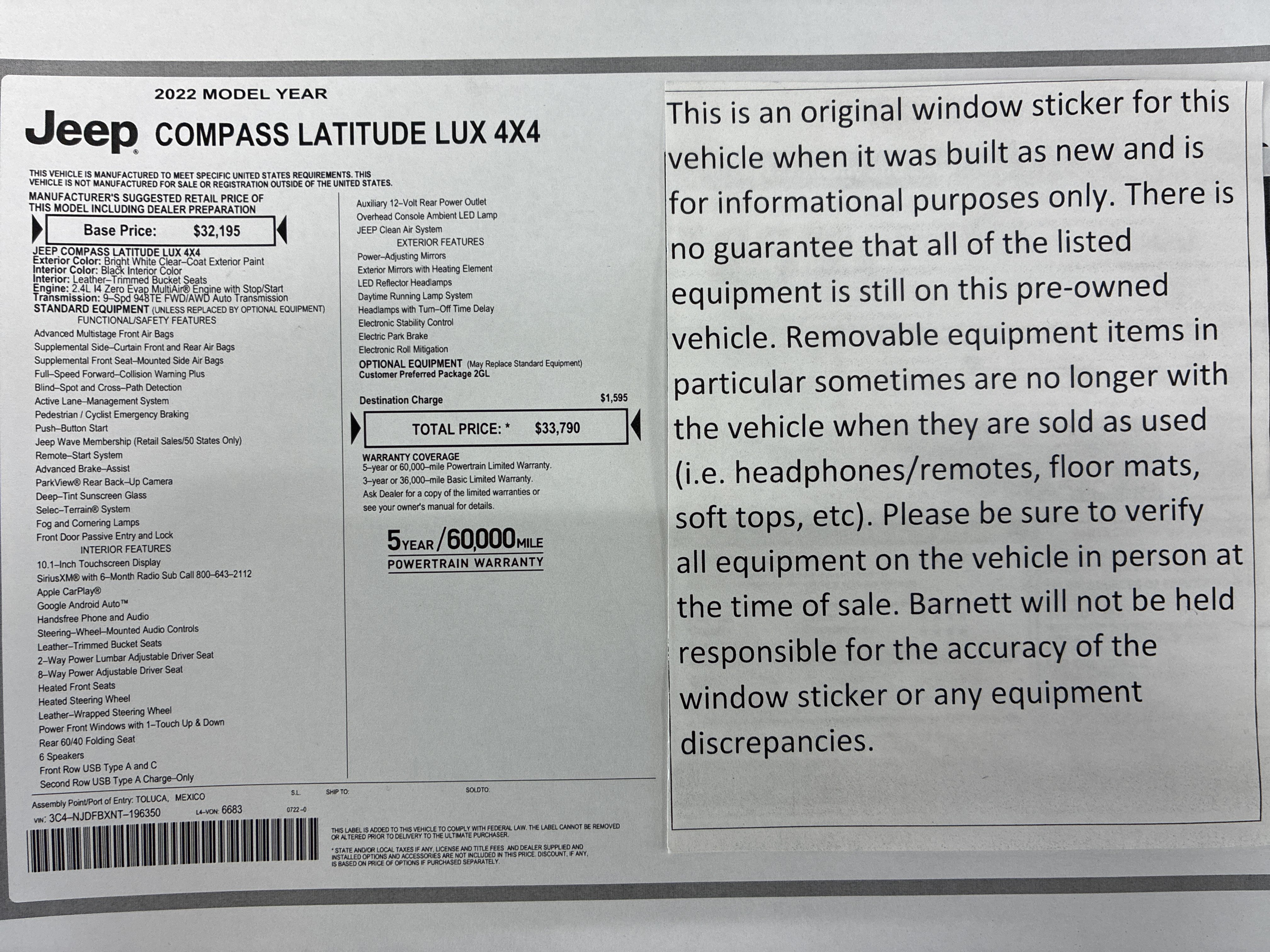 Certified 2022 Jeep Compass Latitude AWD/4WD image 2