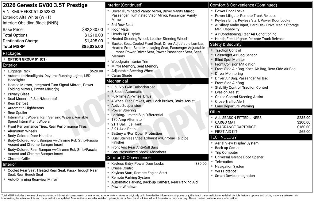 New 2026 Genesis GV80 3.5T Prestige AWD/4WD image 8